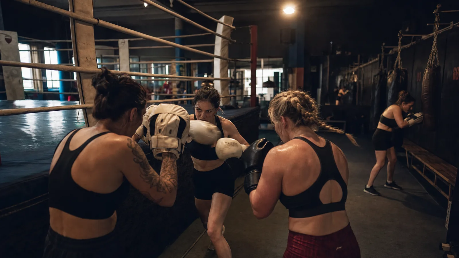 Women learning boxing padwork in a coached Honour and Glory session near Belvedere