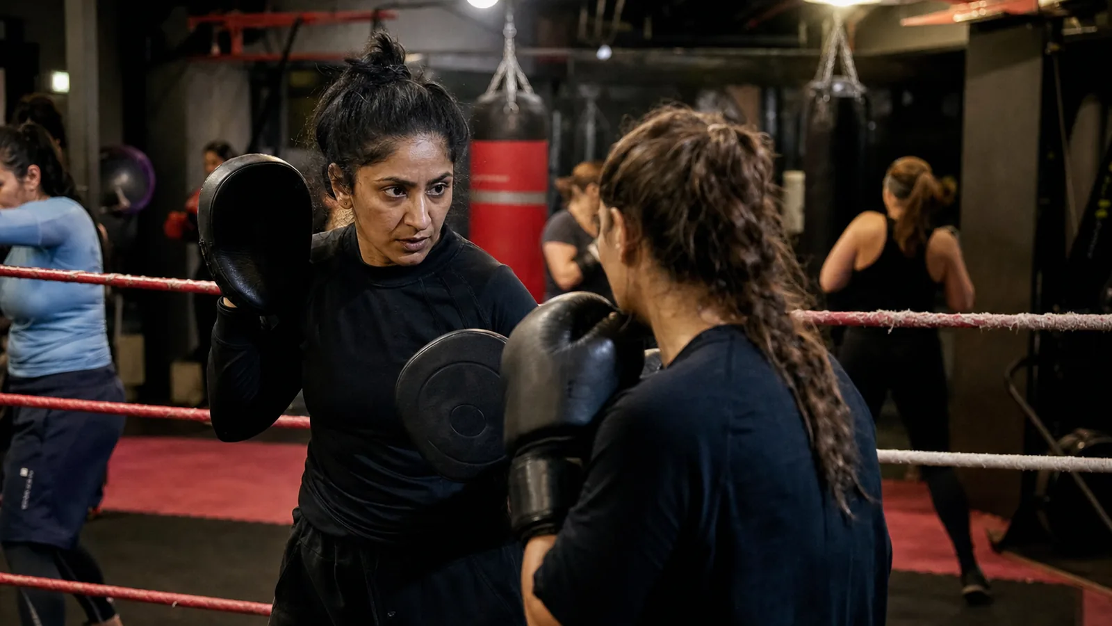 Women training padwork together at Honour and Glory