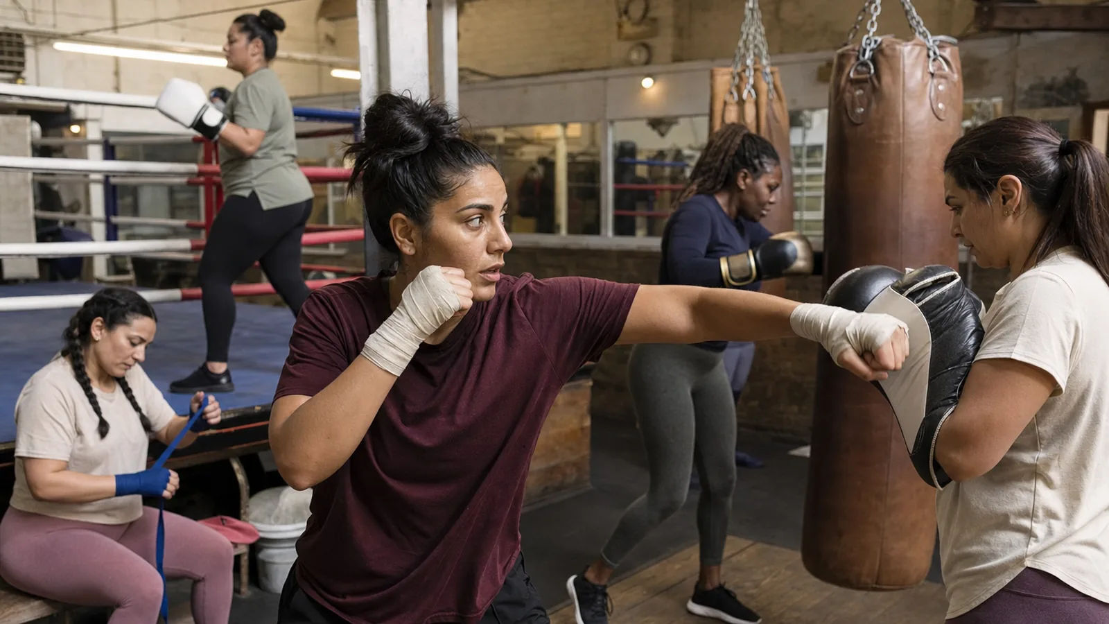 Women learning boxing padwork in a coached Honour and Glory session near Greenwich