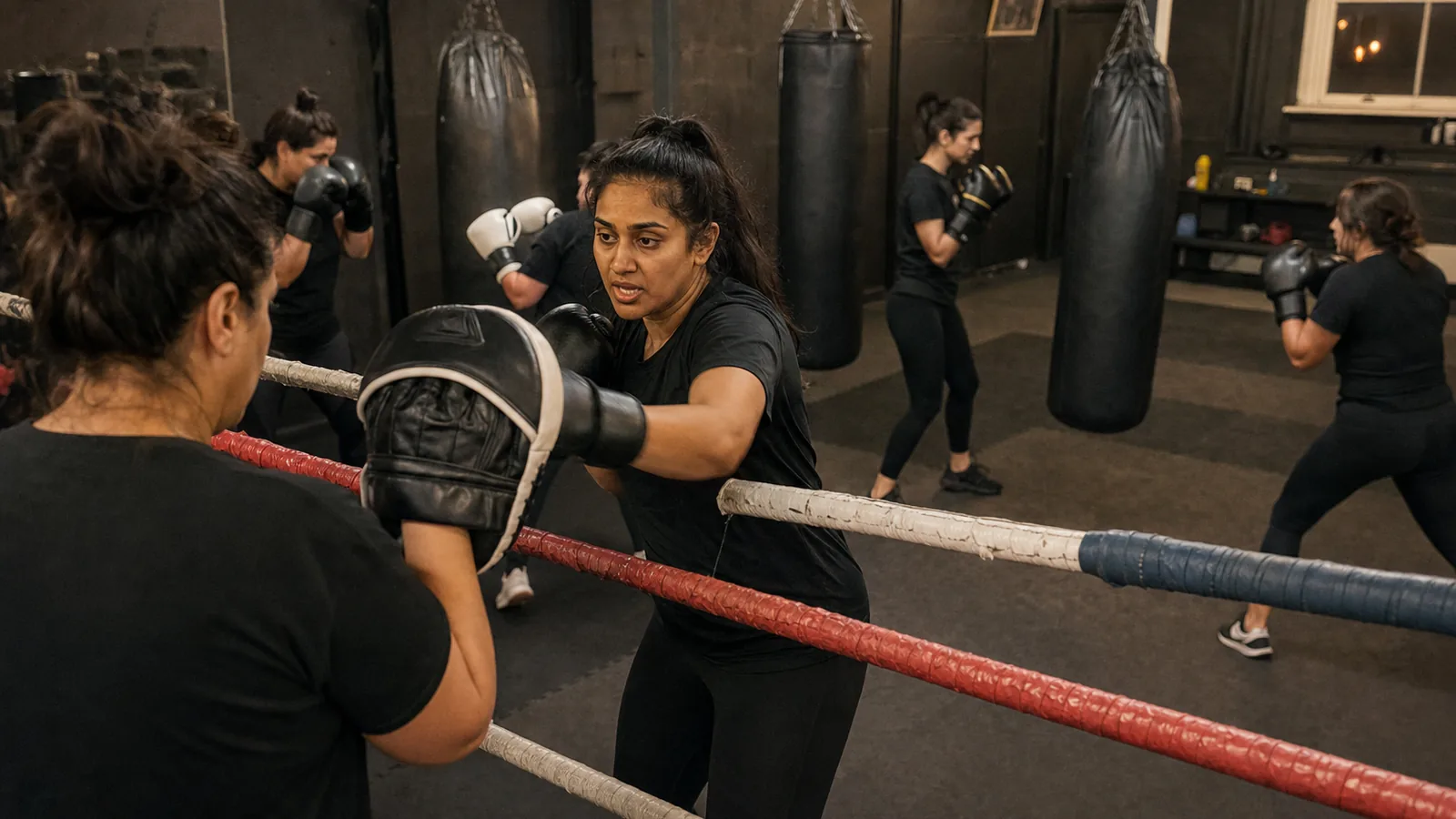 Women training boxing padwork together near Hither Green