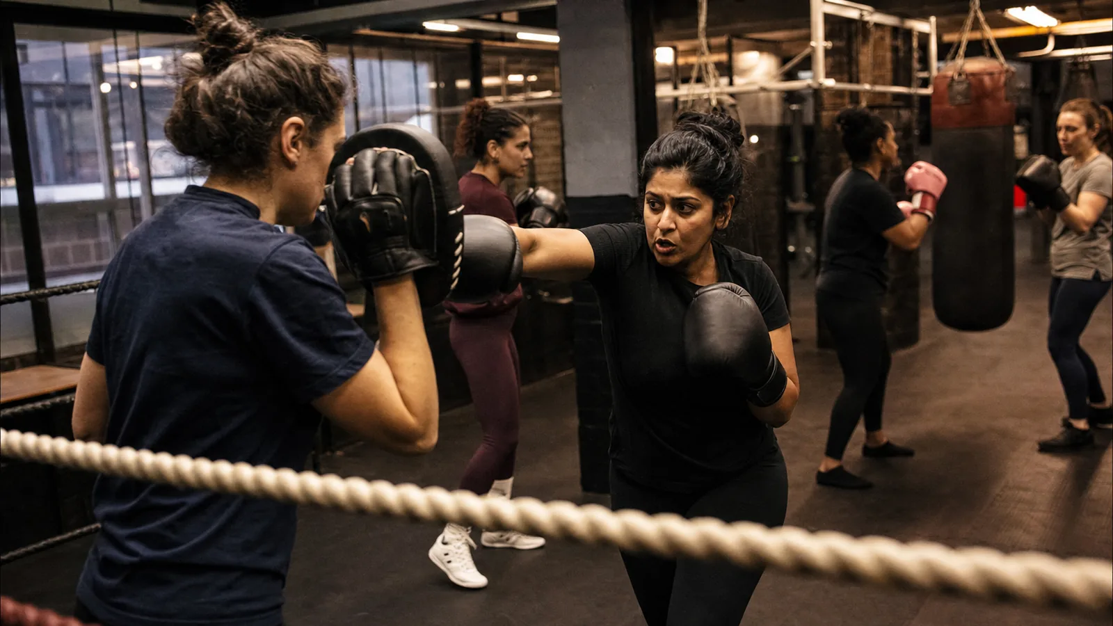 Female boxer preparing for training