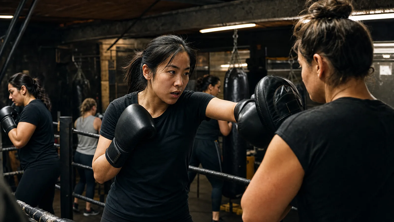 Women training boxing padwork together near Eltham
