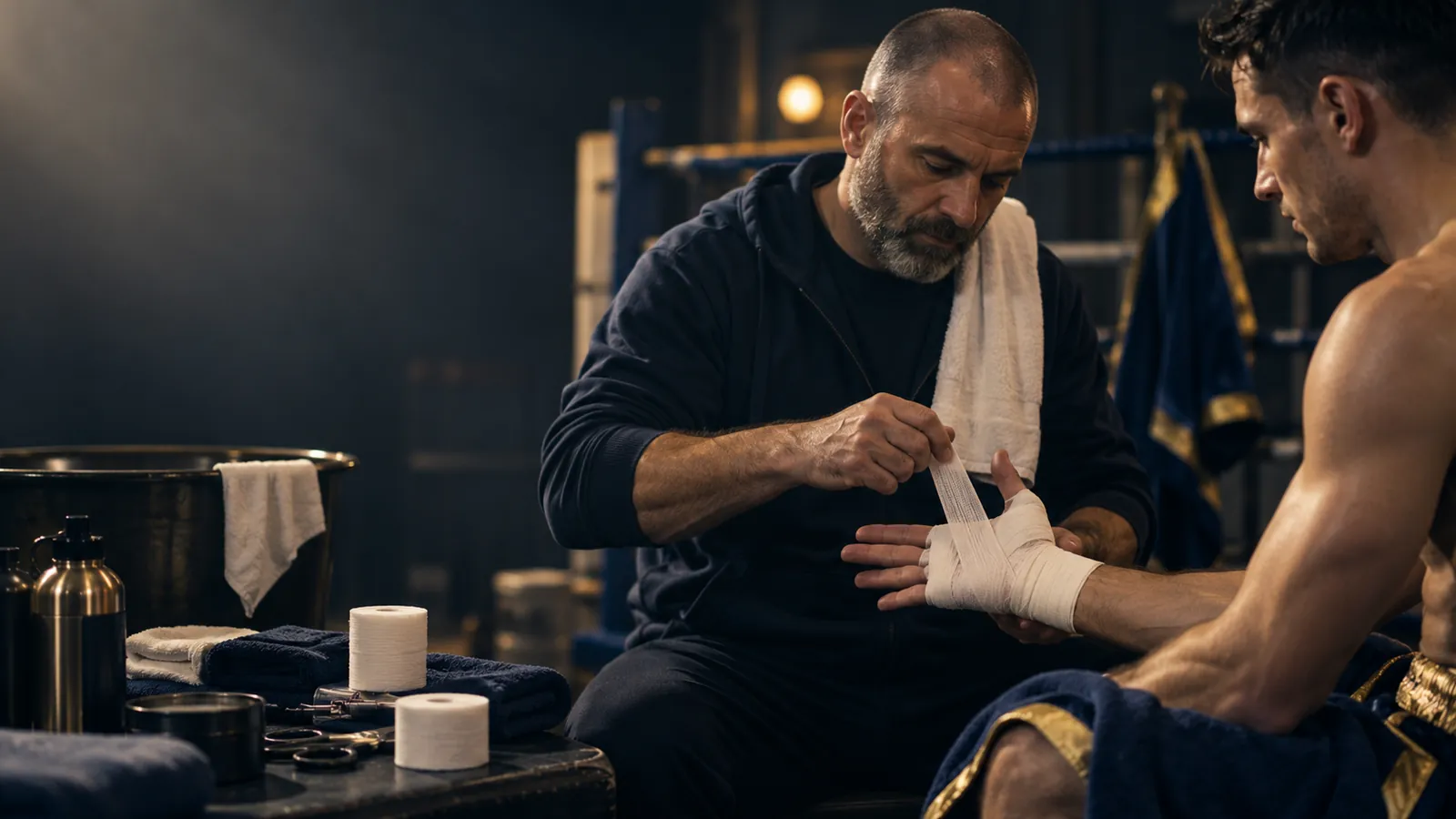 Illustration of a boxing cornerman preparing an adult boxer's hand with gauze before a bout