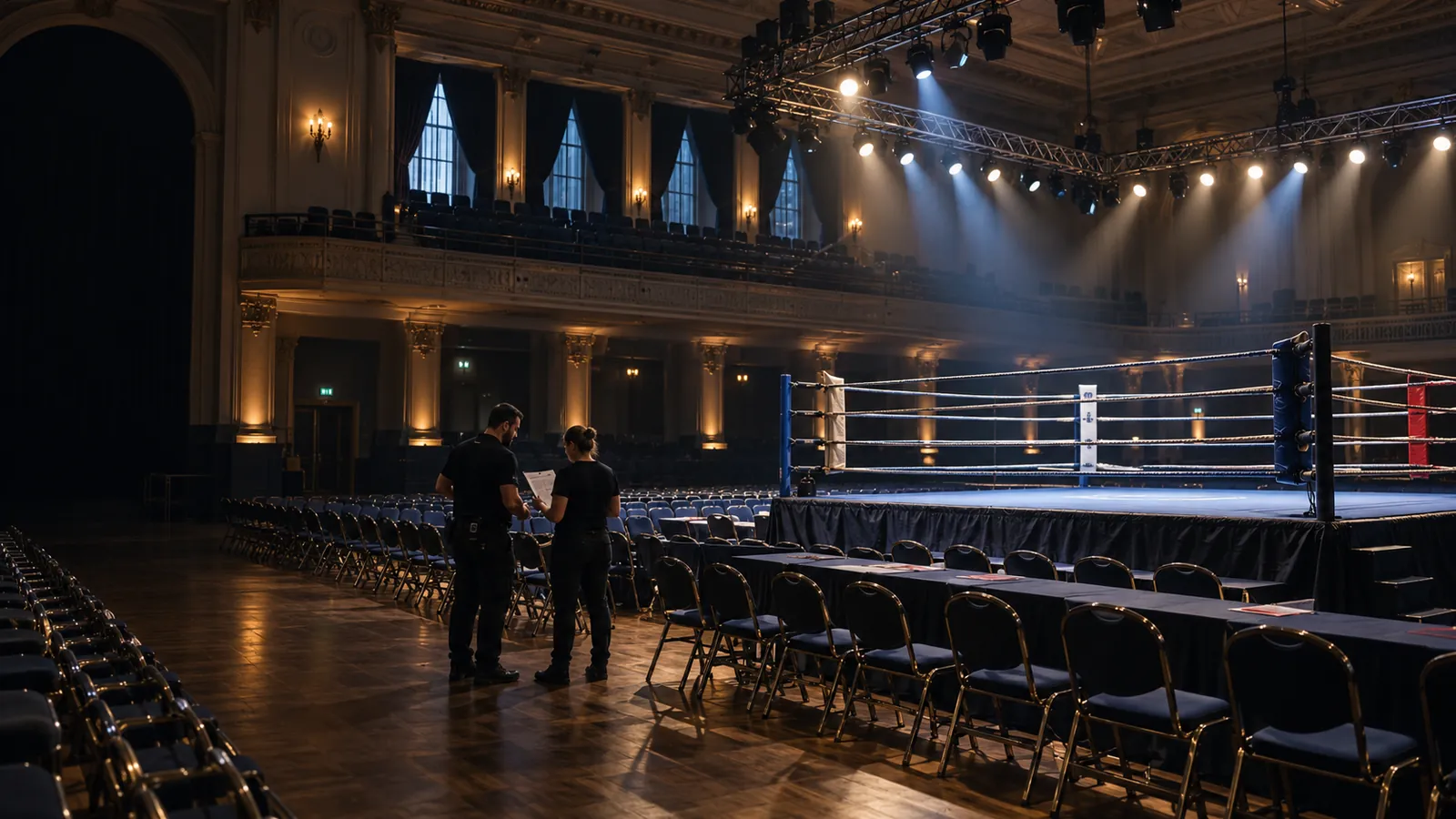 Illustration of a boxing ring and audience seating in a London-style events hall