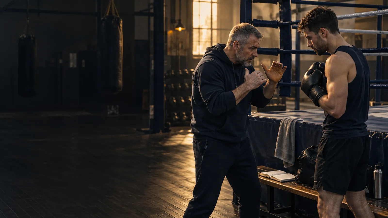 Illustration of an adult boxer discussing preparation with a coach beside a ring