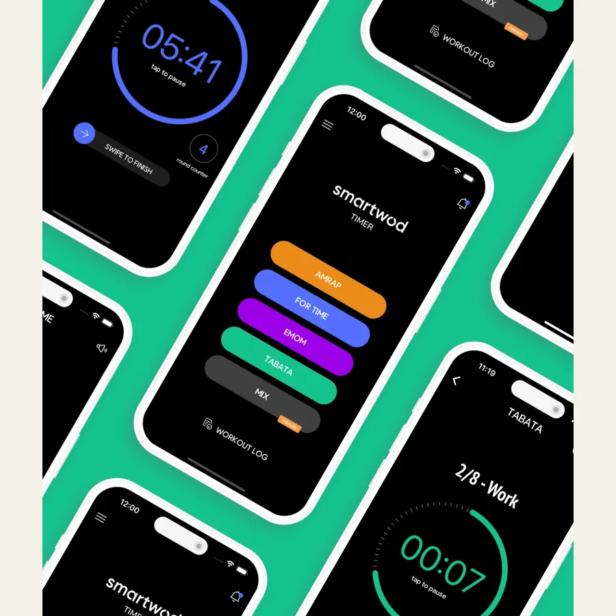 SmartWOD Timer app screens showing interval workout formats